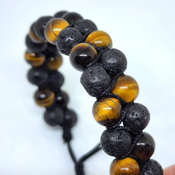 Natural Tiger Eye Black Lava Stone Double Strand Adjustable Lariat Bracelet